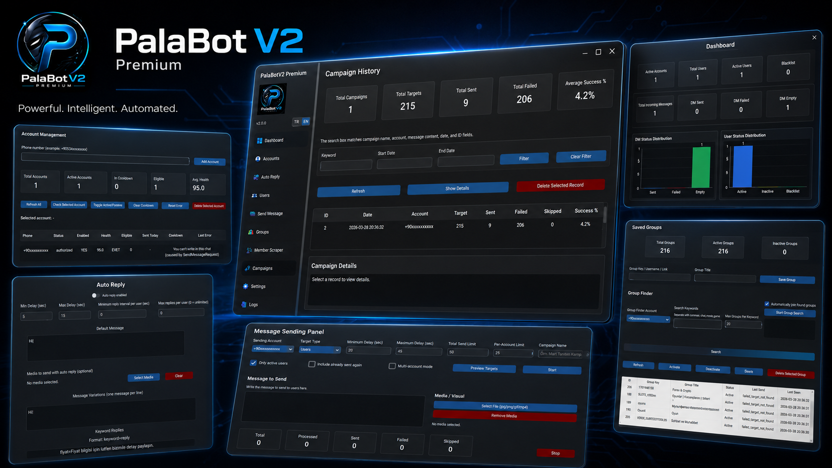 PalaBot V2 Premium desktop app — dashboard, campaigns, accounts and analytics panels