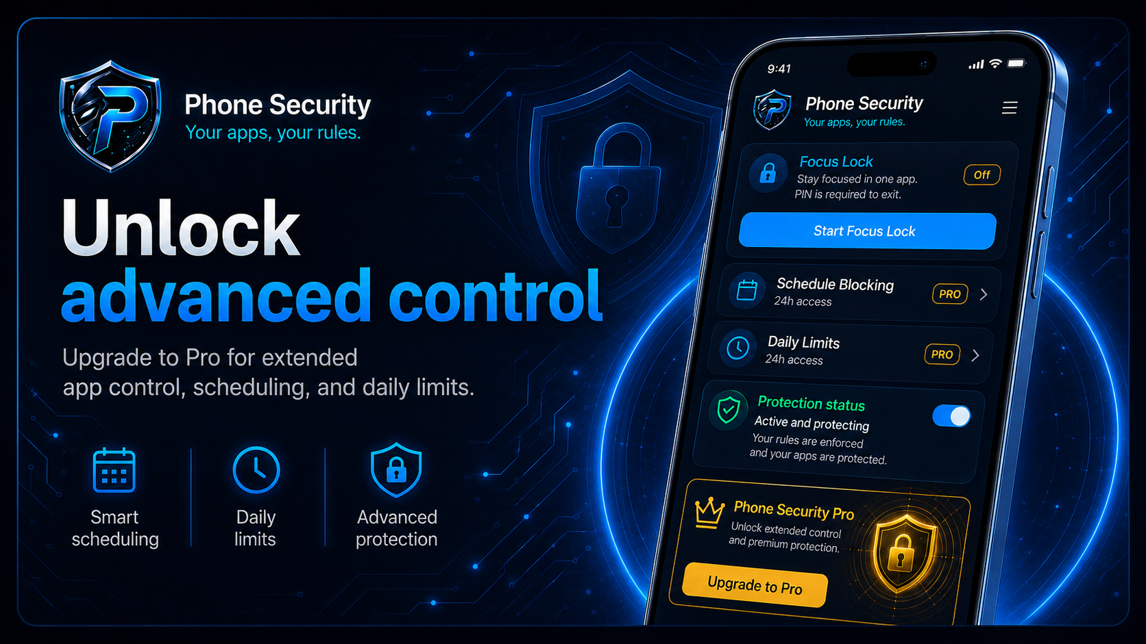 Phone Security: App Guard — Focus Lock, Schedule Blocking, Daily Limits and Pro upgrade screens